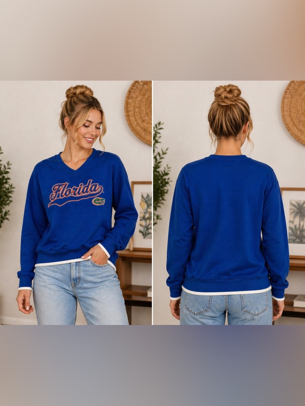 Florida Gators Embroidered V-Neck Sweatshirt NWT Size‎ Large Blue NCAA Pullover